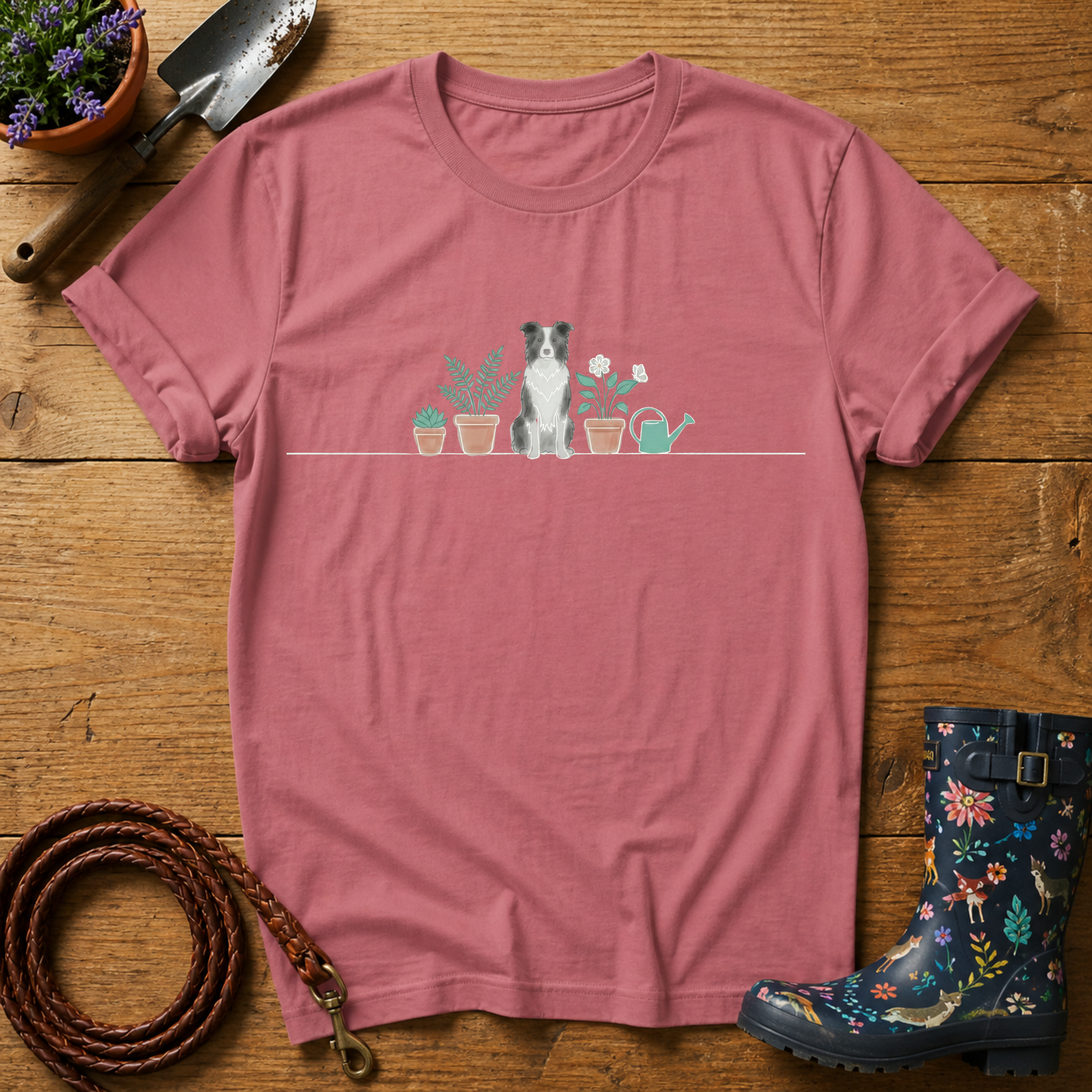 Boarder Collie Pot Plants Watercolour T-shirt