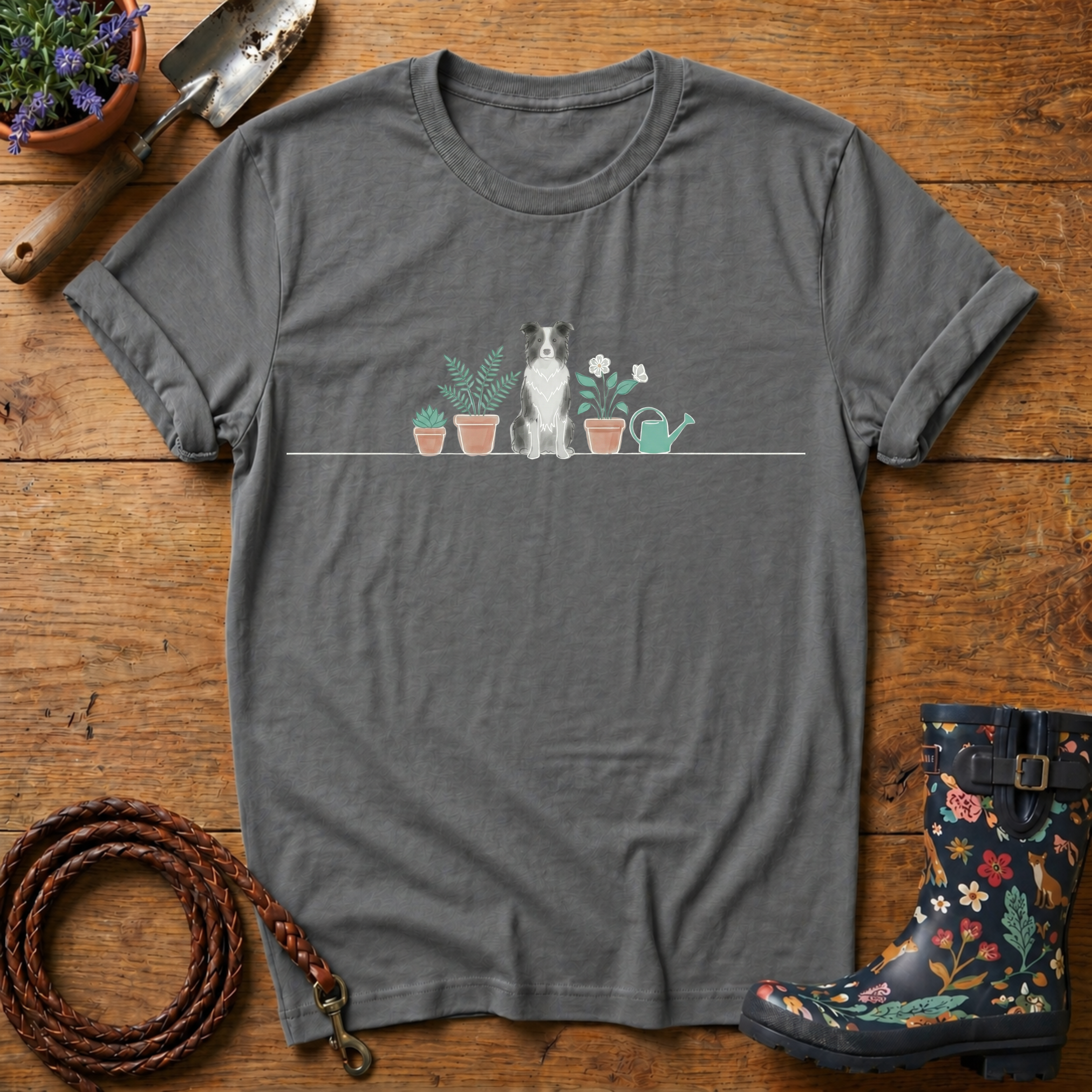 Boarder Collie Pot Plants Watercolour T-shirt